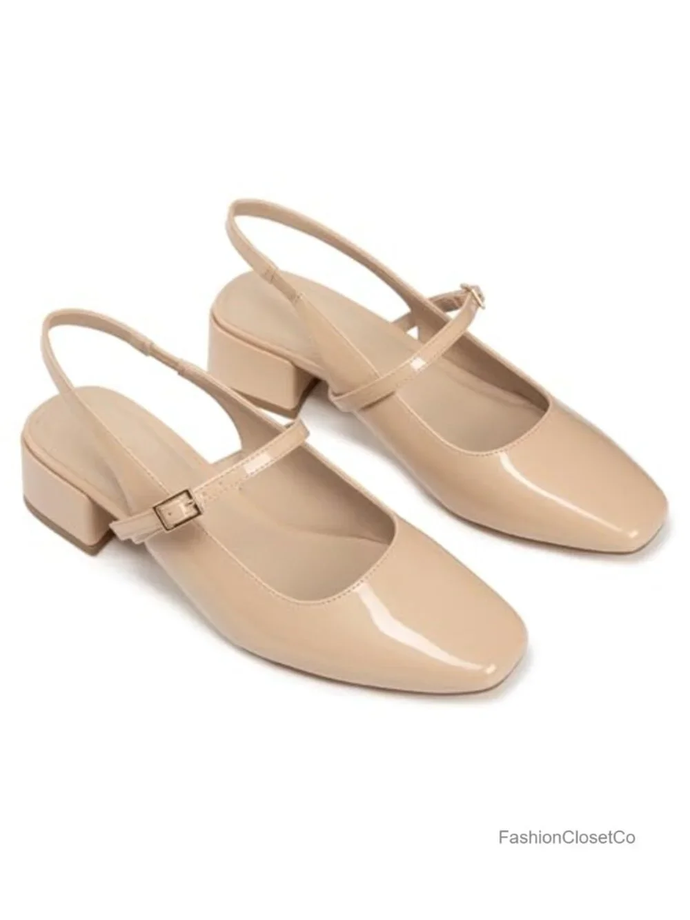 Women's Closed Square Toe Mary Jane Pumps, Block Heel Slingback Shoes, Faux